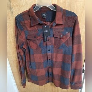 New Men's O'Neill Arctic Plaid Fleece Button-Down Shirt, Red and Black, Size S